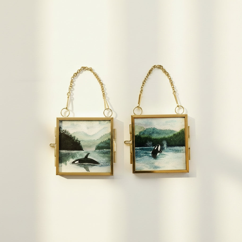 Orca Miniature Original Watercolour — Framed Set of Two (Full Frame)