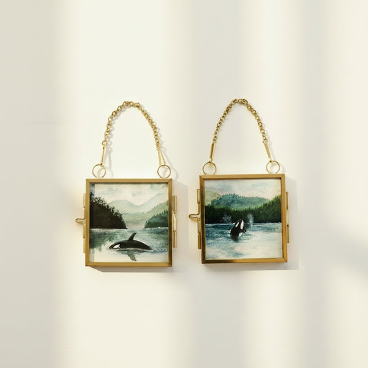 Orca Miniature Original Watercolour — Framed Set of Two (Full Frame)