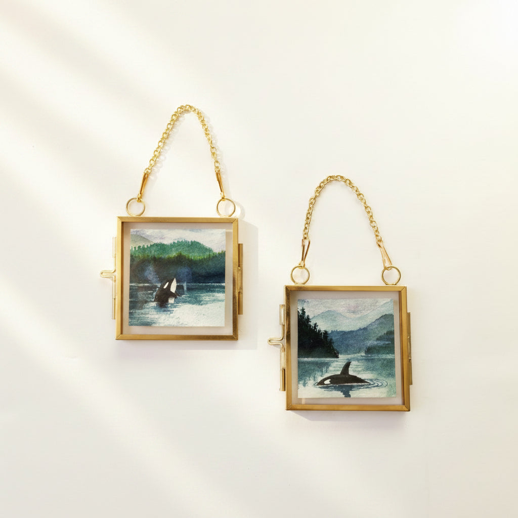 Orca Miniature Original Watercolour — Framed Set of Two (Floating Frame)