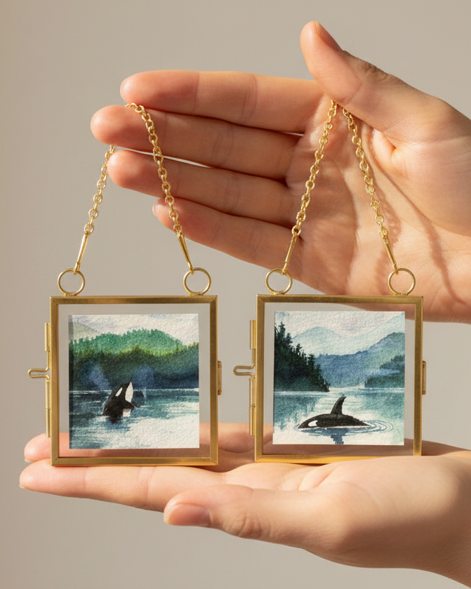 Orca Miniature Original Watercolour — Framed Set of Two (Floating Frame)